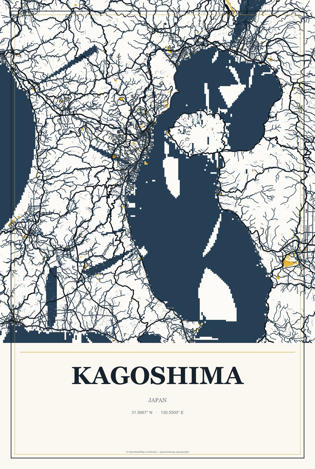 Kagoshima, Japan City Map Aluminum Sign in Citrine Modern style