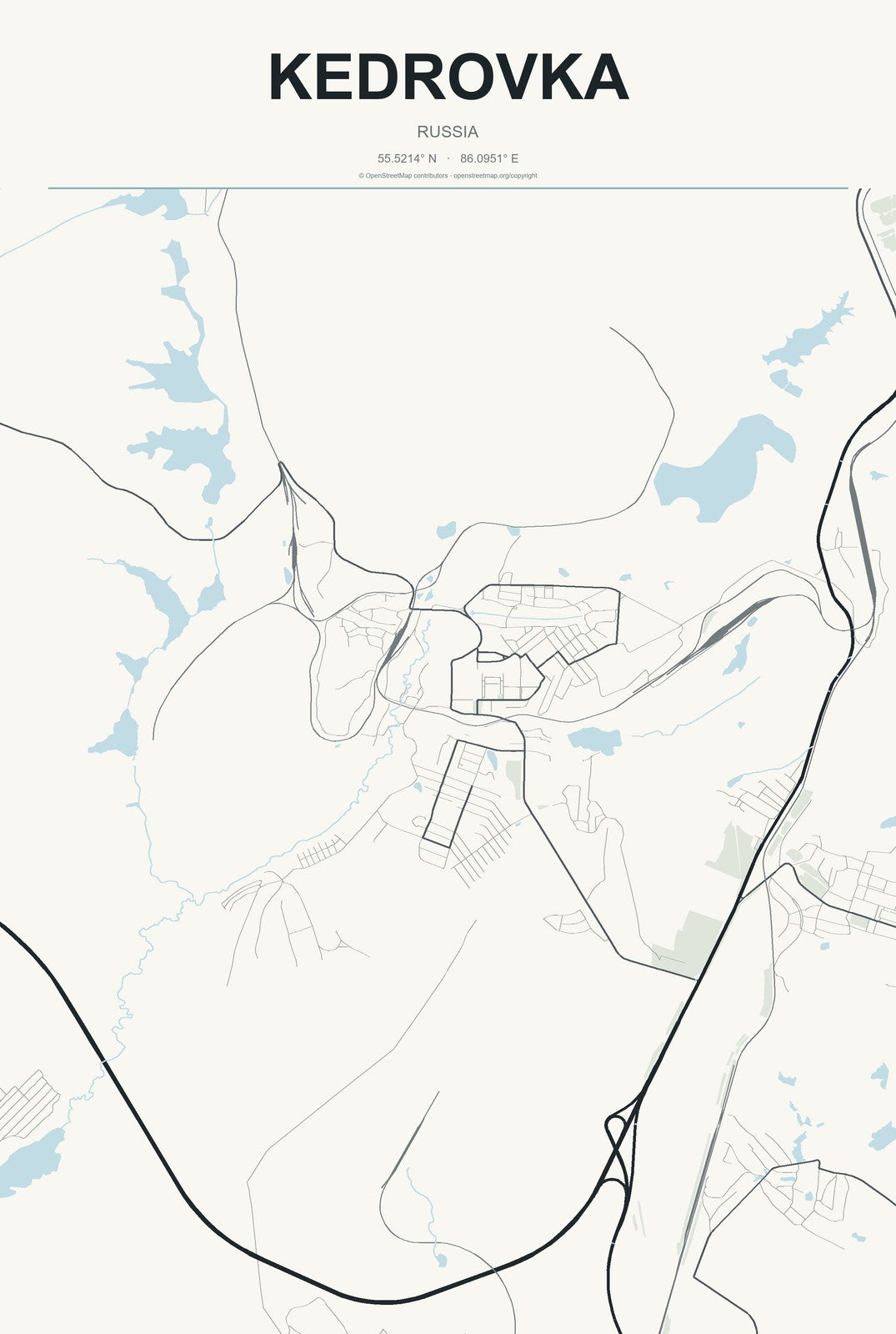 Kedrovka, Russia City Map Aluminum Sign in Headline Atlas style