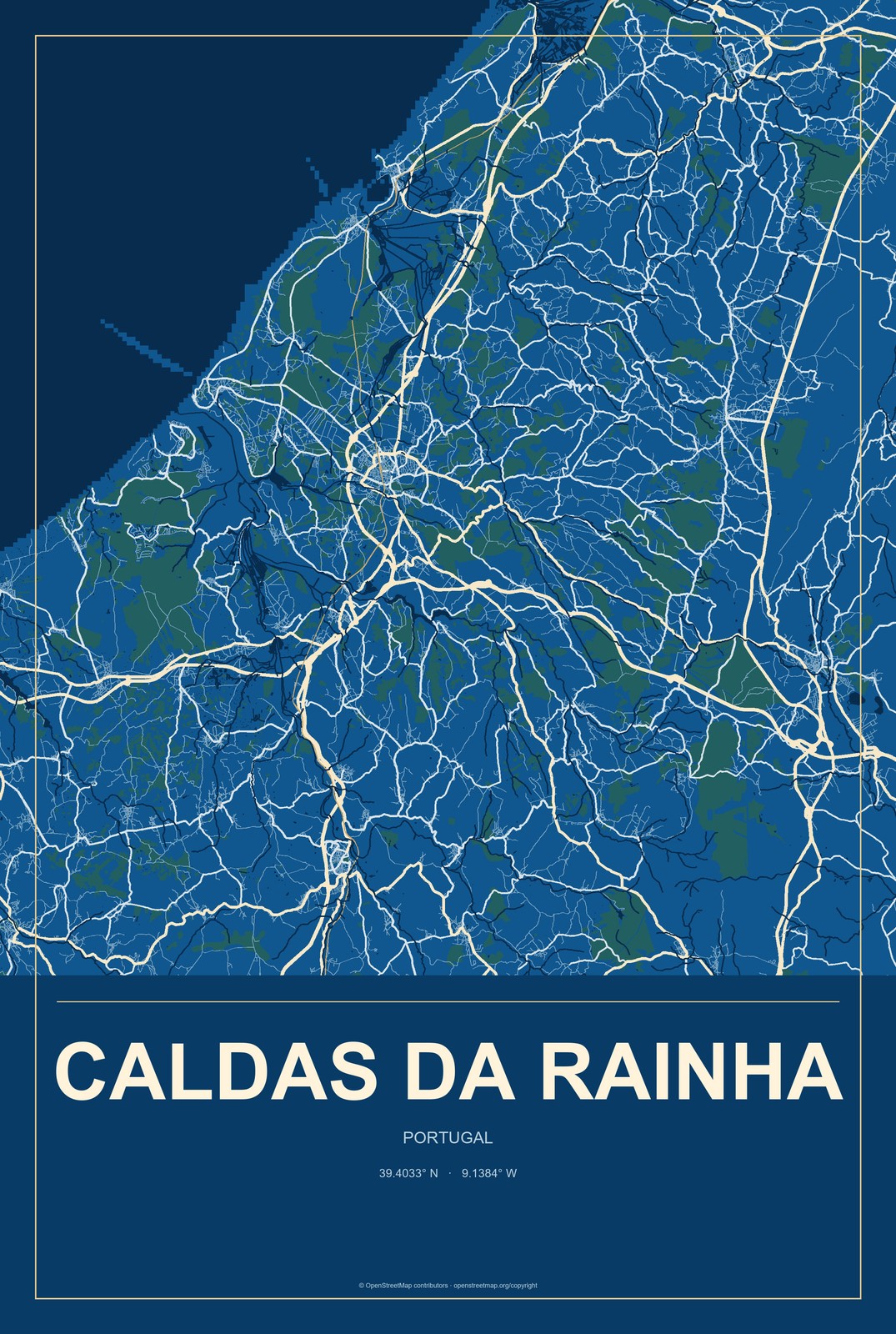 Caldas da Rainha, Portugal City Map Aluminum Sign in Harbor Cobalt style
