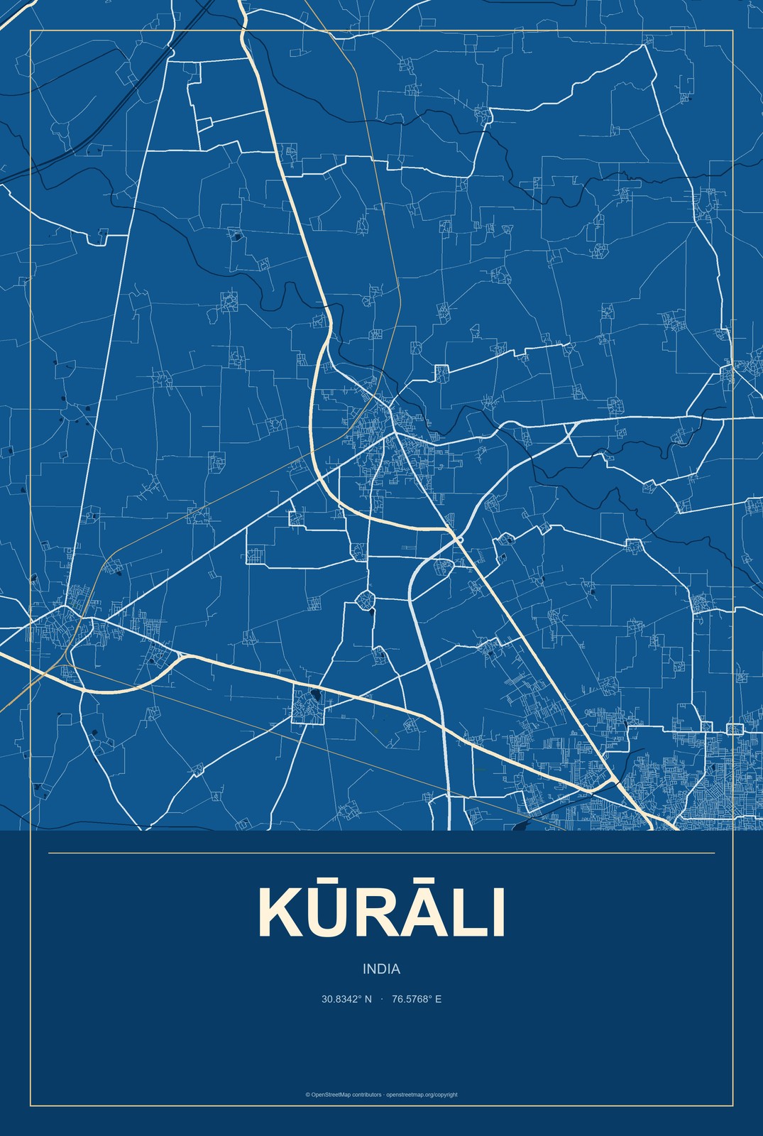 Kūrāli, India City Map Aluminum Sign in Harbor Cobalt style