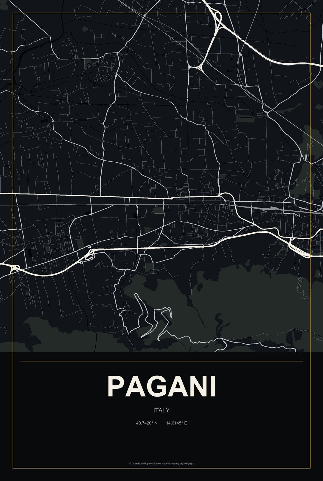 Pagani, Italy City Map Aluminum Sign in Metropolitan Noir style
