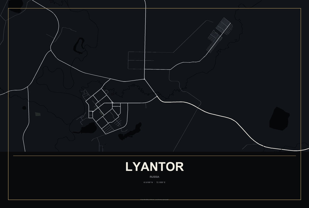Lyantor, Russia City Map Aluminum Sign in Metropolitan Noir style