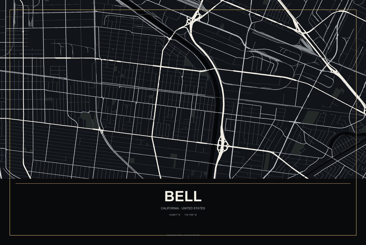 Bell, California City Map Aluminum Sign in Metropolitan Noir style