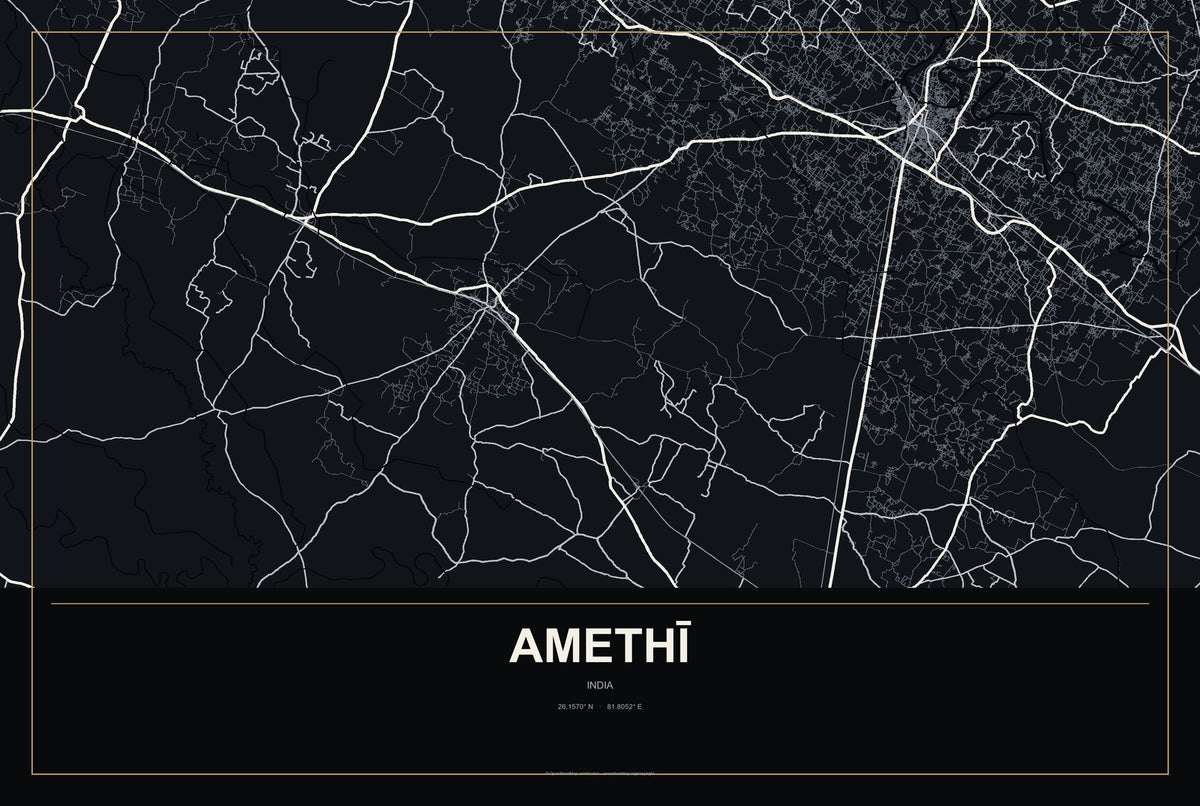 Amethī, India City Map Aluminum Sign in Metropolitan Noir style