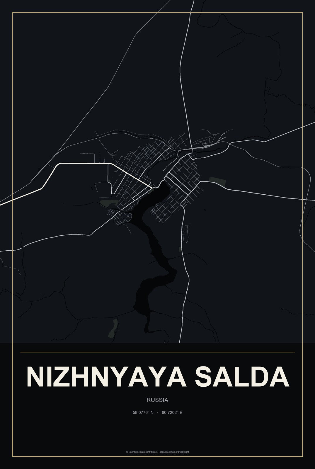Nizhnyaya Salda, Russia City Map Aluminum Sign in Metropolitan Noir style