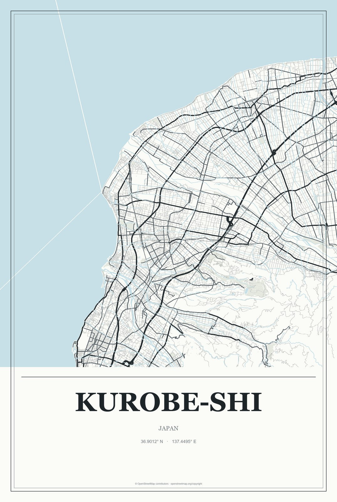 Kurobe-shi, Japan City Map Aluminum Sign in Gallery Air style