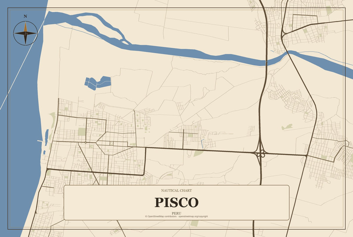 Pisco, Peru City Map Aluminum Sign in Heritage Nautical style