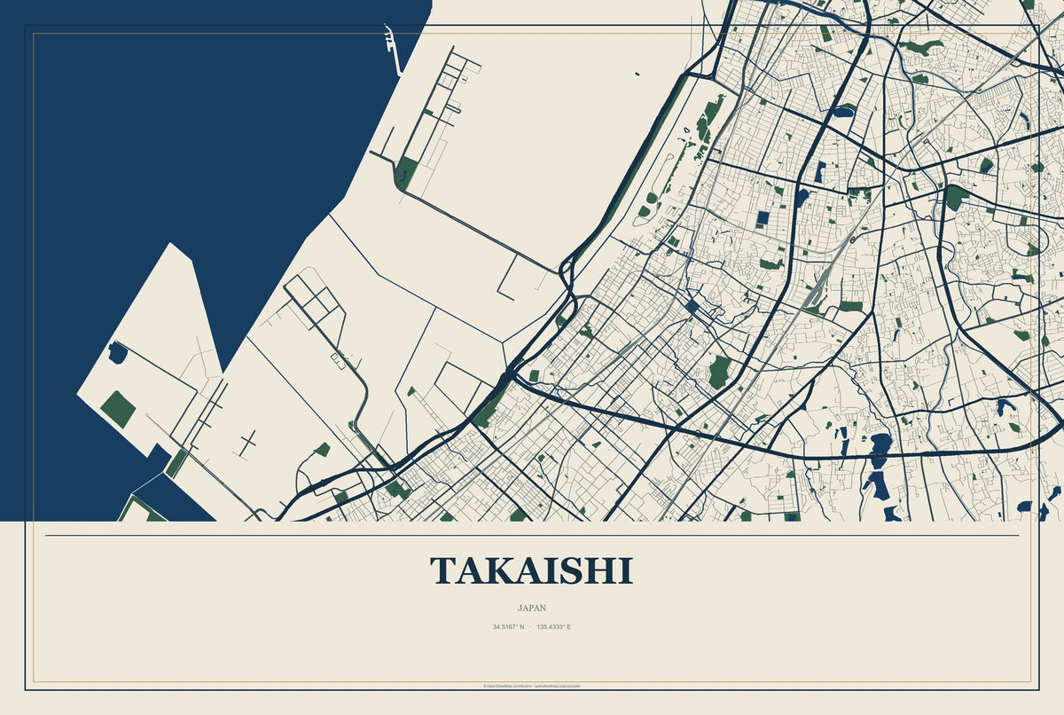 Takaishi, Japan City Map Aluminum Sign in Coastal Cutout style