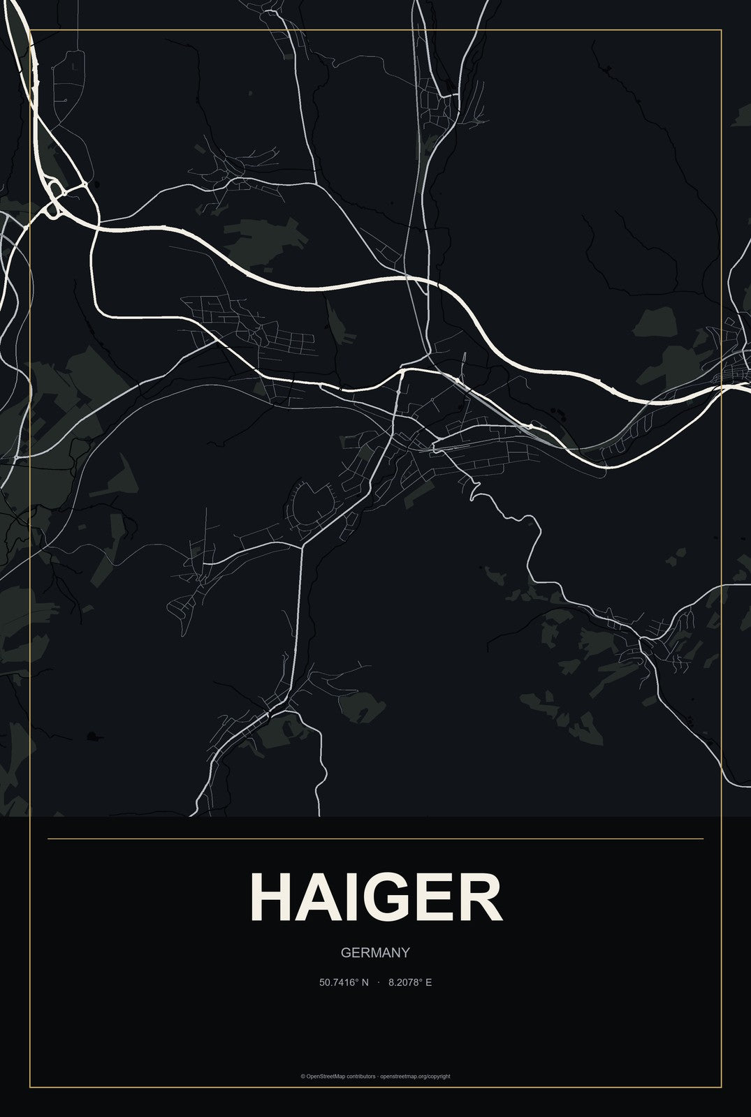Haiger, Germany City Map Aluminum Sign in Metropolitan Noir style