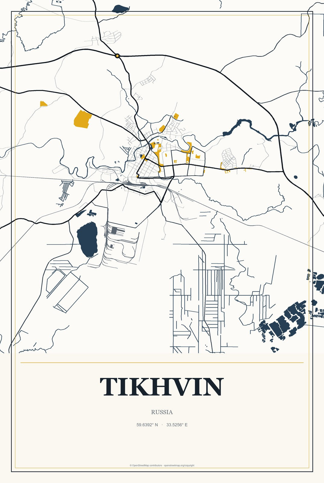 Tikhvin, Russia City Map Aluminum Sign in Citrine Modern style