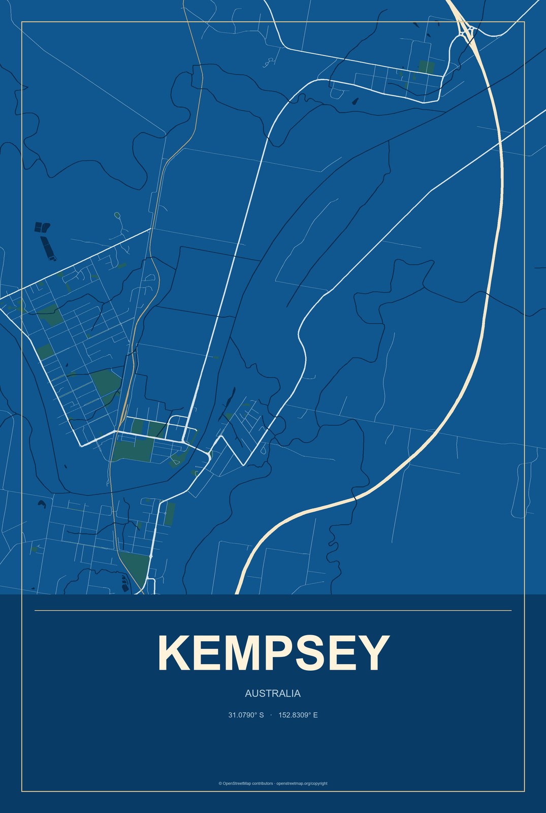 Kempsey, Australia City Map Aluminum Sign in Harbor Cobalt style