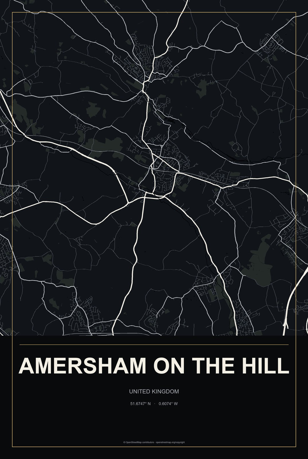 Amersham on the Hill, United Kingdom City Map Aluminum Sign in Metropolitan Noir style
