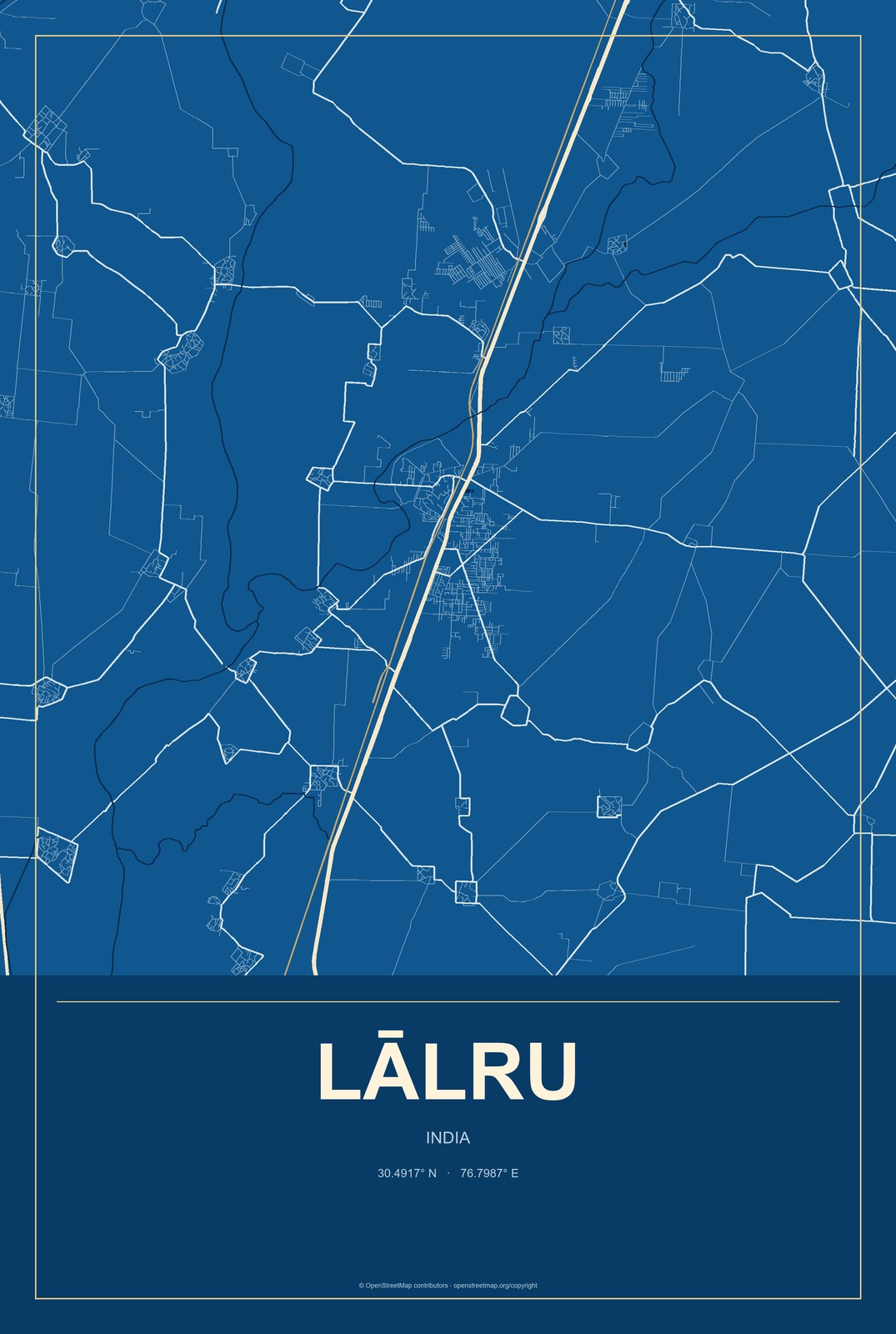 Lālru, India City Map Aluminum Sign in Harbor Cobalt style