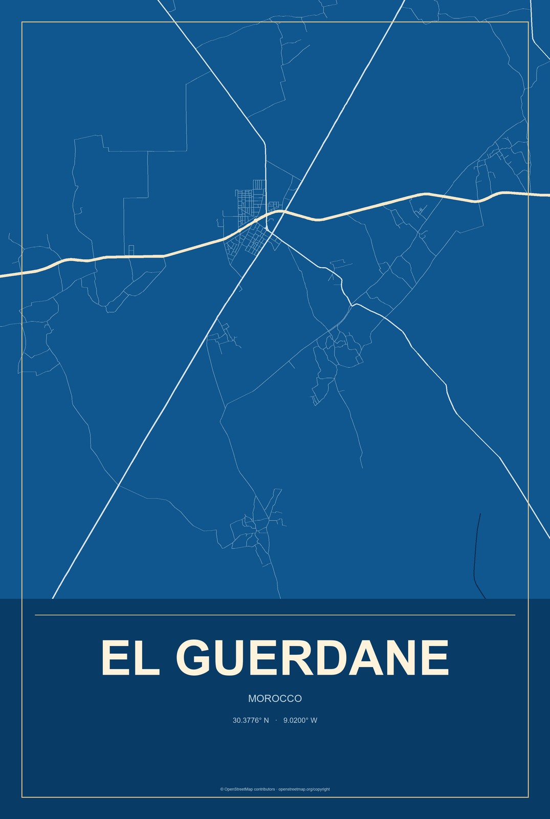 El Guerdane, Morocco City Map Aluminum Sign in Harbor Cobalt style