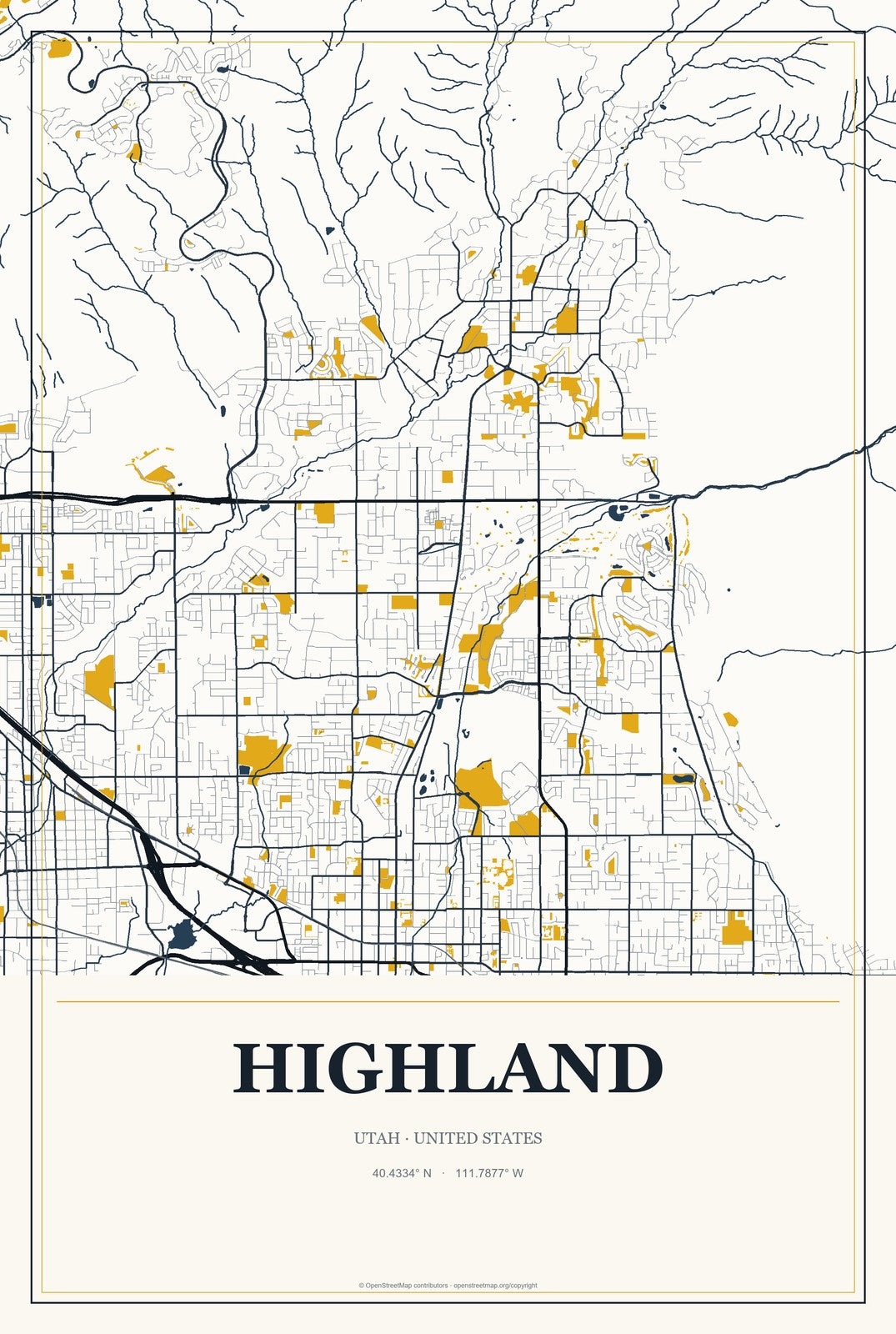 Highland, Utah City Map Aluminum Sign in Citrine Modern style