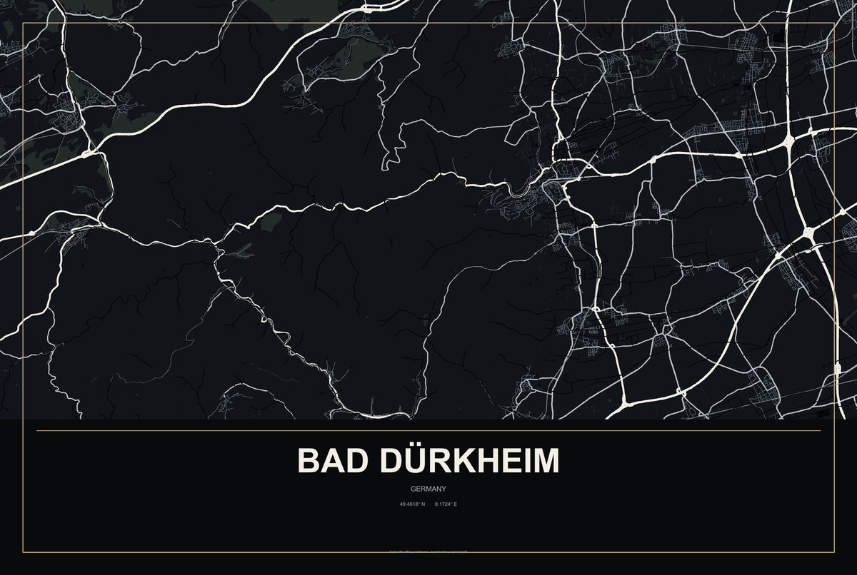 Bad Dürkheim, Germany City Map Aluminum Sign in Metropolitan Noir style