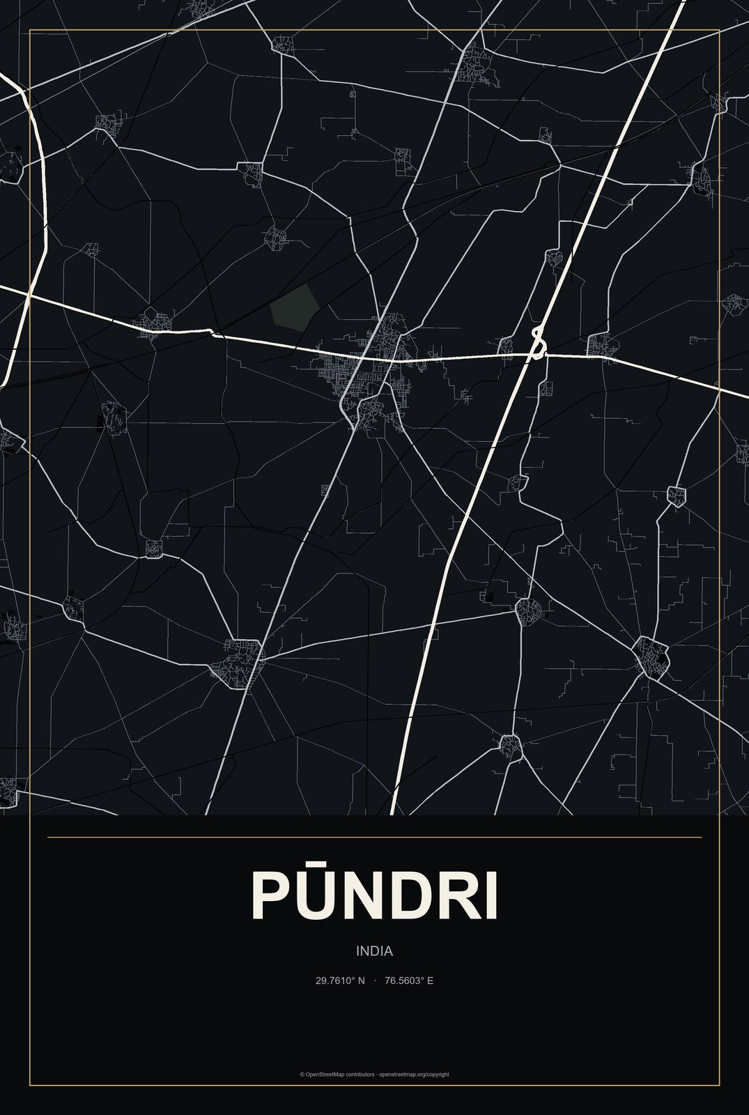 Pūndri, India City Map Aluminum Sign in Metropolitan Noir style