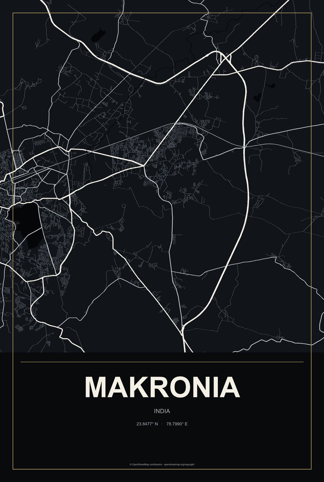 Makronia, India City Map Aluminum Sign in Metropolitan Noir style