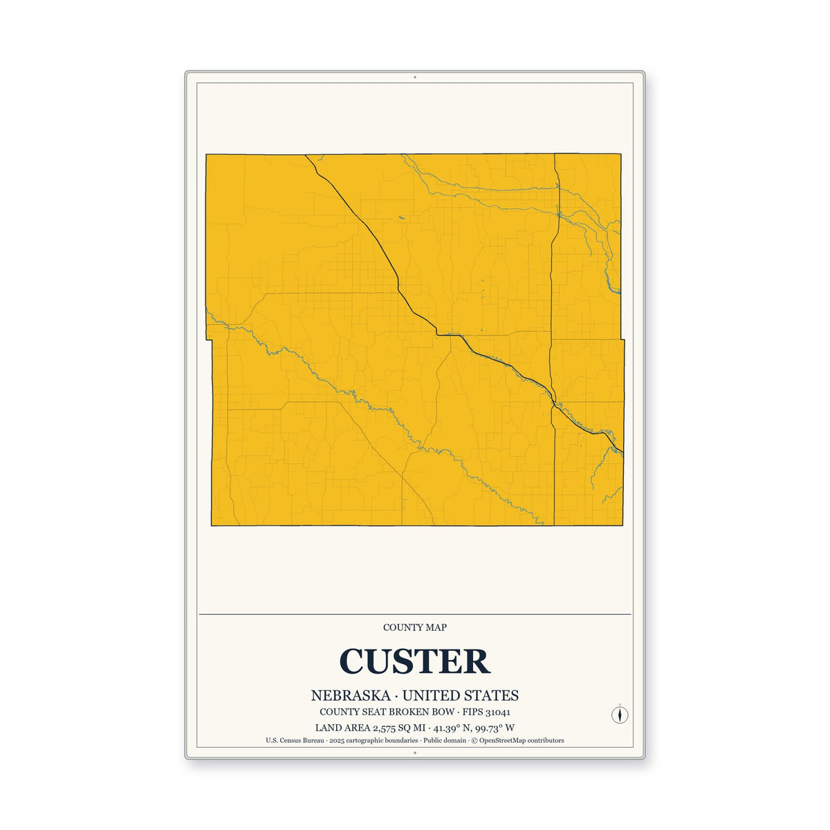 Custer County, Nebraska Map Aluminum Sign in Citrine Modern style