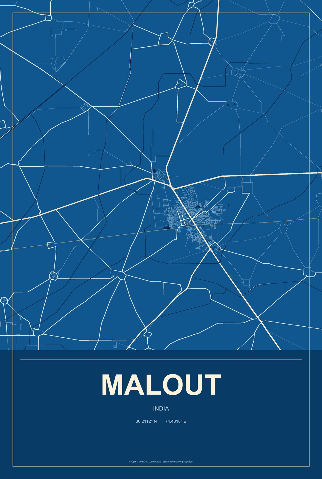 Malout, India City Map Aluminum Sign in Harbor Cobalt style