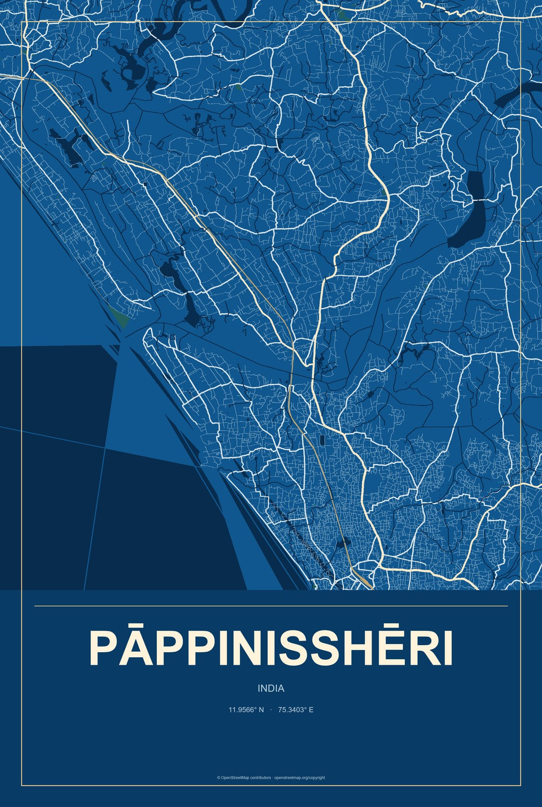 Pāppinisshēri, India City Map Aluminum Sign in Harbor Cobalt style