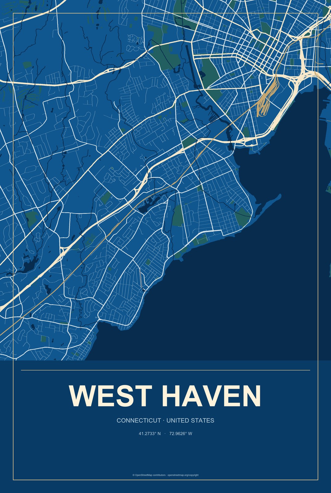 West Haven, Connecticut City Map Aluminum Sign in Harbor Cobalt style