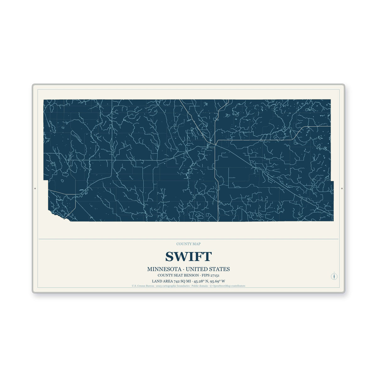 Swift County, Minnesota Map Aluminum Sign in Coastal Cutout style