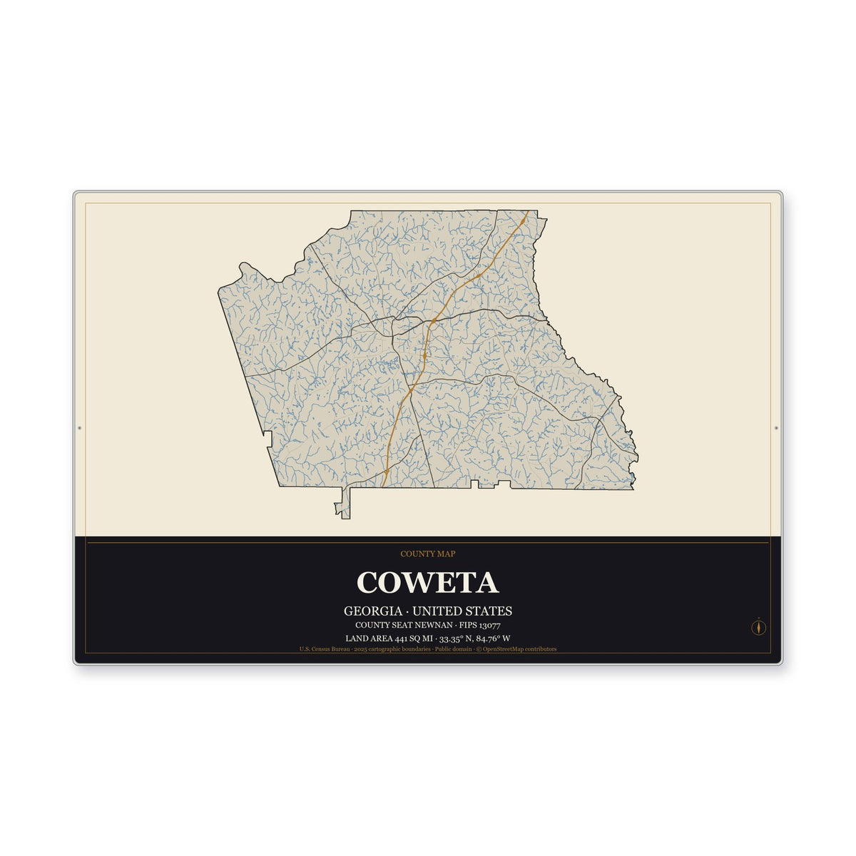 Coweta County, Georgia Map Aluminum Sign in Museum Plaque style