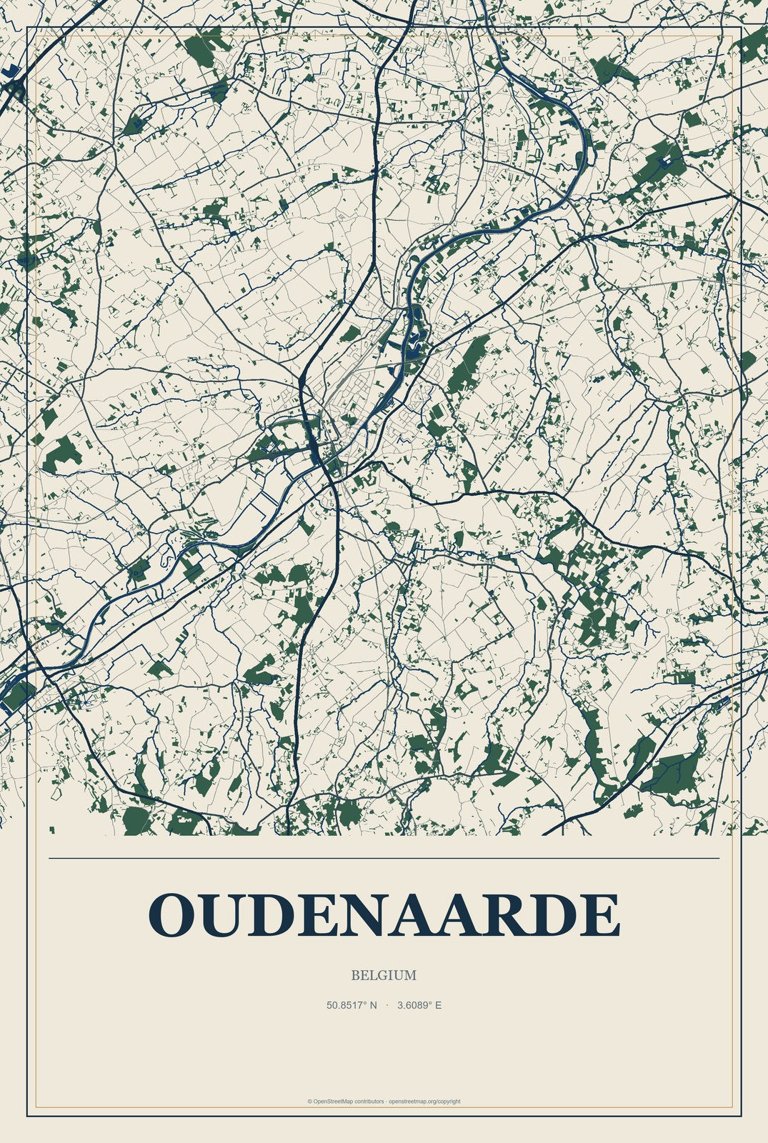 Oudenaarde, Belgium City Map Aluminum Sign in Coastal Cutout style