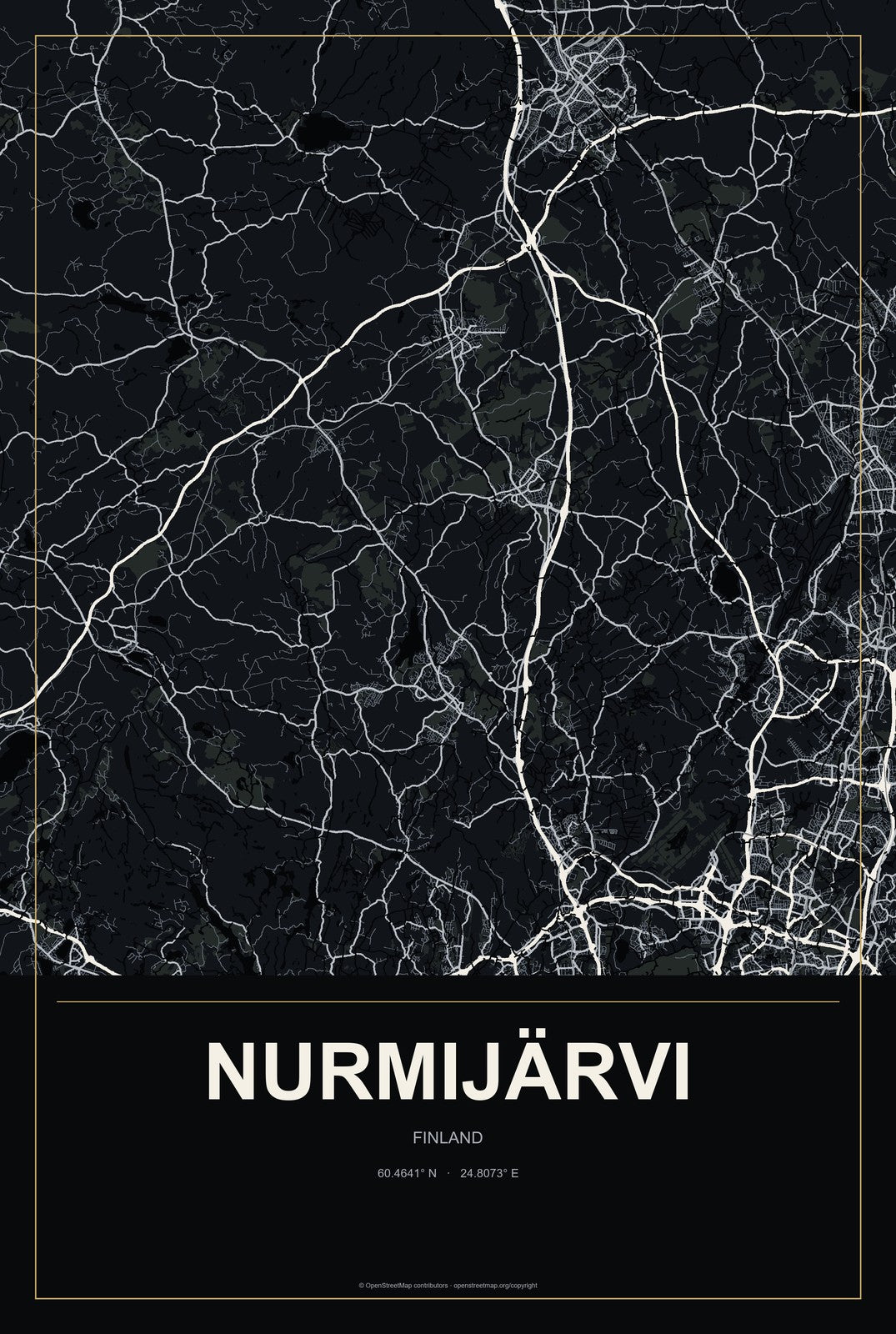Nurmijärvi, Finland City Map Aluminum Sign in Metropolitan Noir style