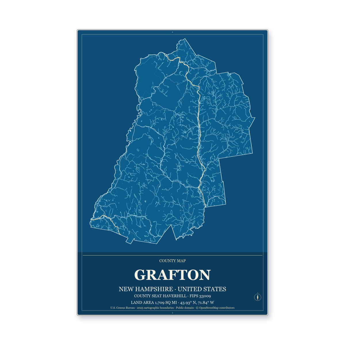 Grafton County, New Hampshire Map Aluminum Sign in Harbor Cobalt style