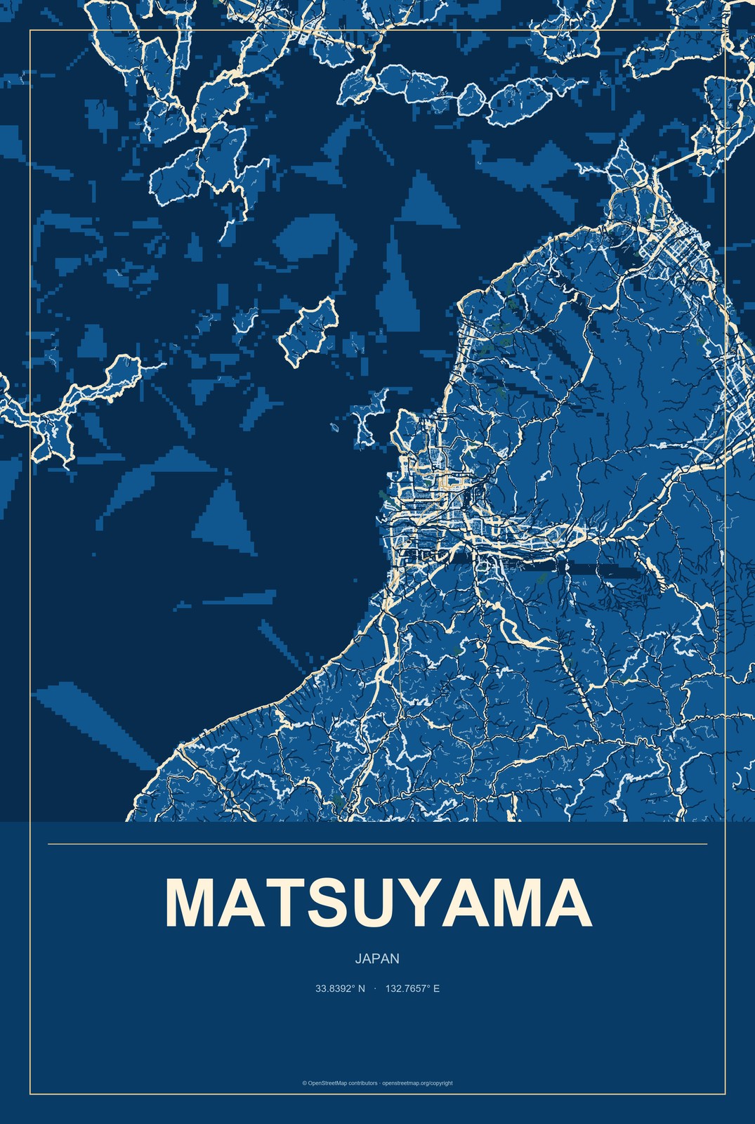 Matsuyama, Japan City Map Aluminum Sign in Harbor Cobalt style