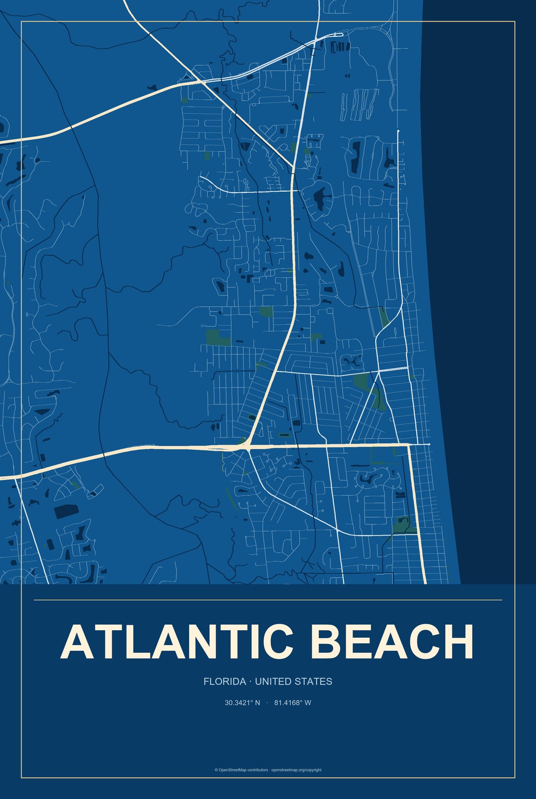 Atlantic Beach, Florida City Map Aluminum Sign in Harbor Cobalt style