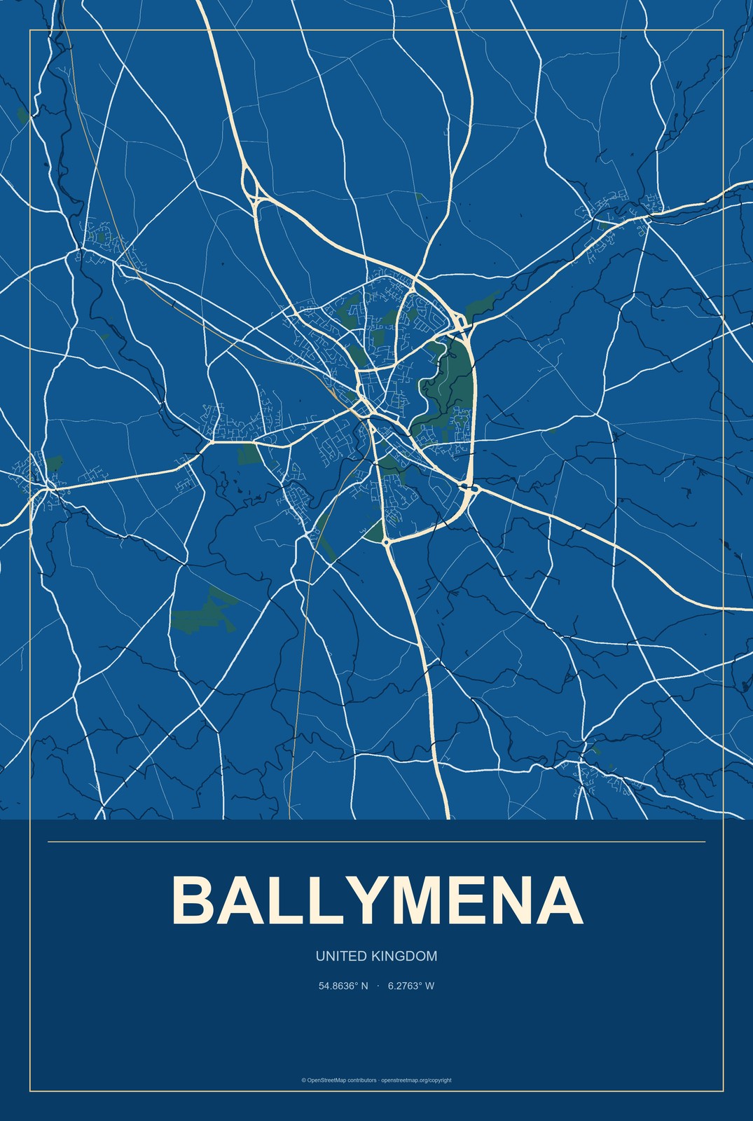 Ballymena, United Kingdom City Map Aluminum Sign in Harbor Cobalt style