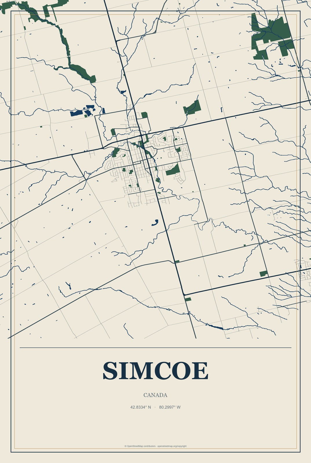 Simcoe, Canada City Map Aluminum Sign in Coastal Cutout style