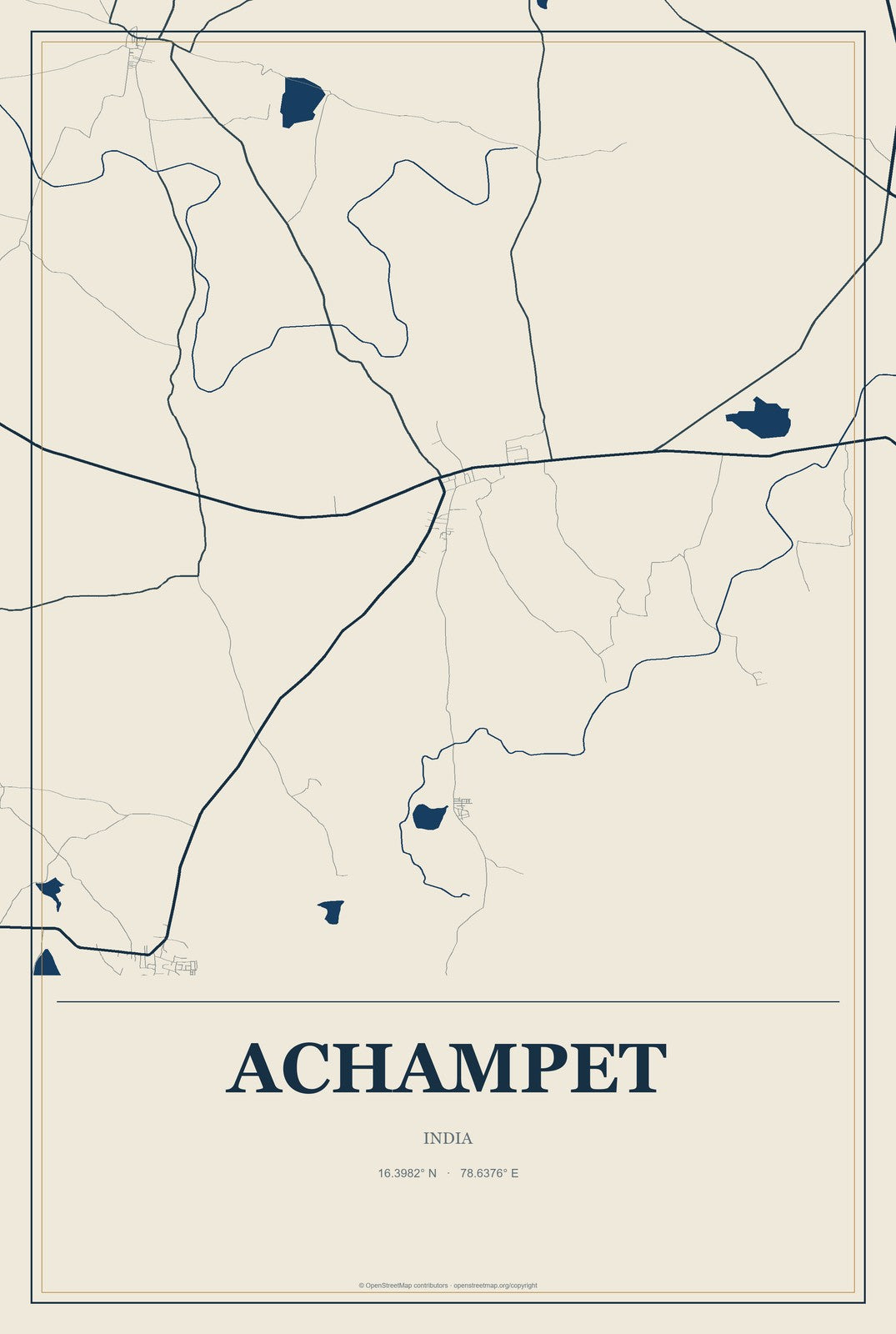 Achampet, India City Map Aluminum Sign in Coastal Cutout style