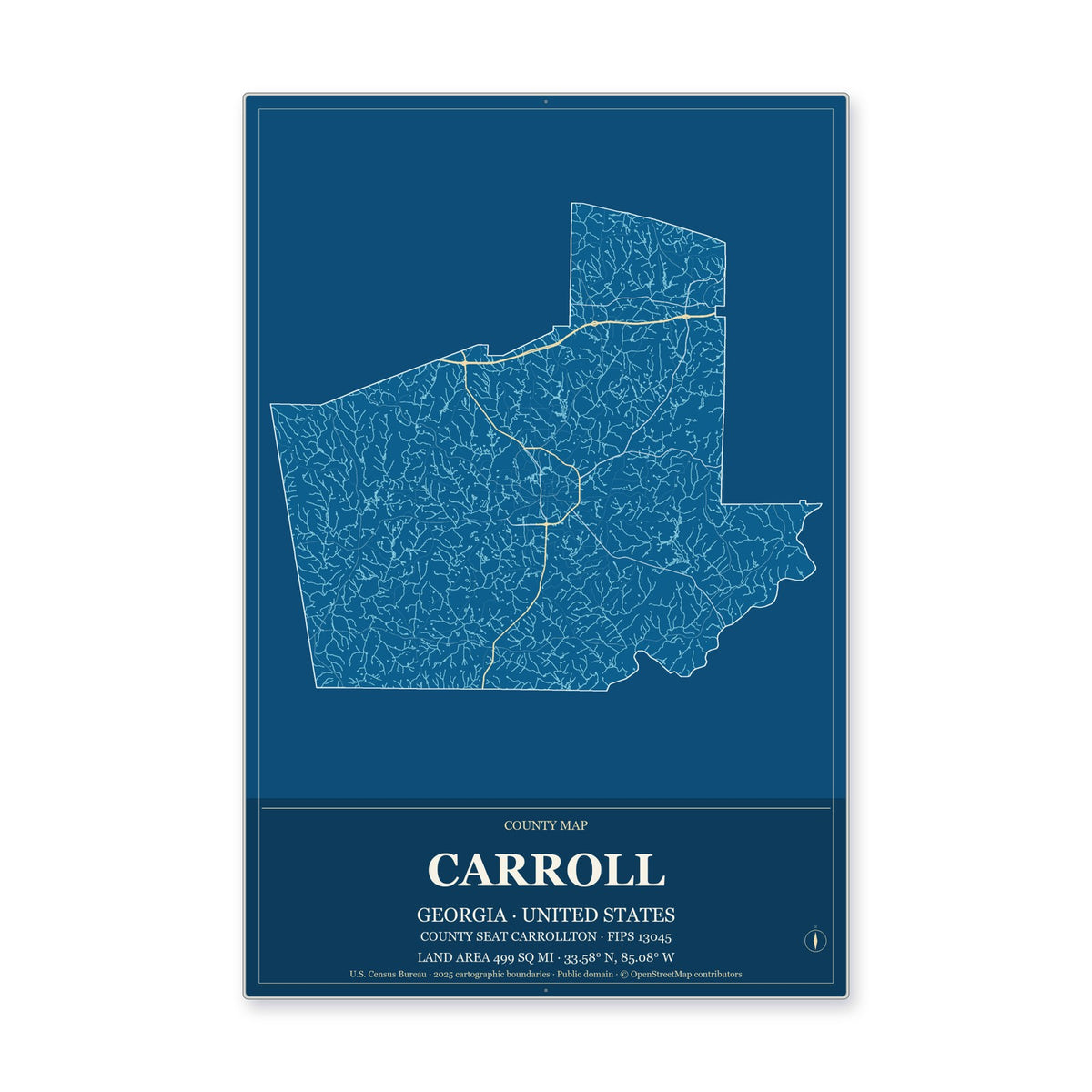 Carroll County, Georgia Map Aluminum Sign in Harbor Cobalt style