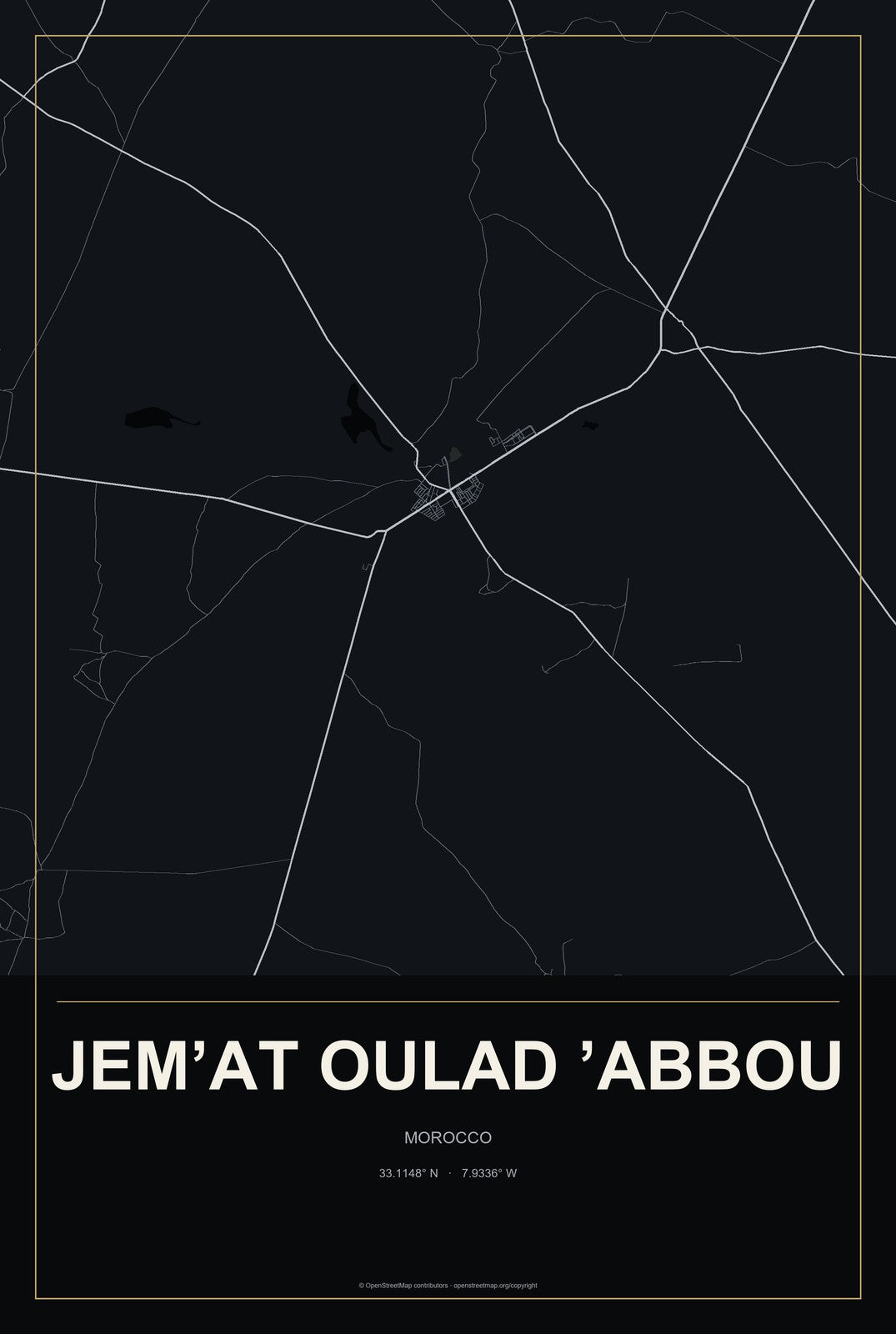 Jem’at Oulad ’Abbou, Morocco City Map Aluminum Sign in Metropolitan Noir style