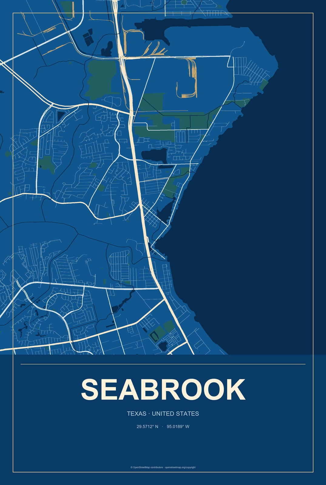 Seabrook, Texas City Map Aluminum Sign in Harbor Cobalt style