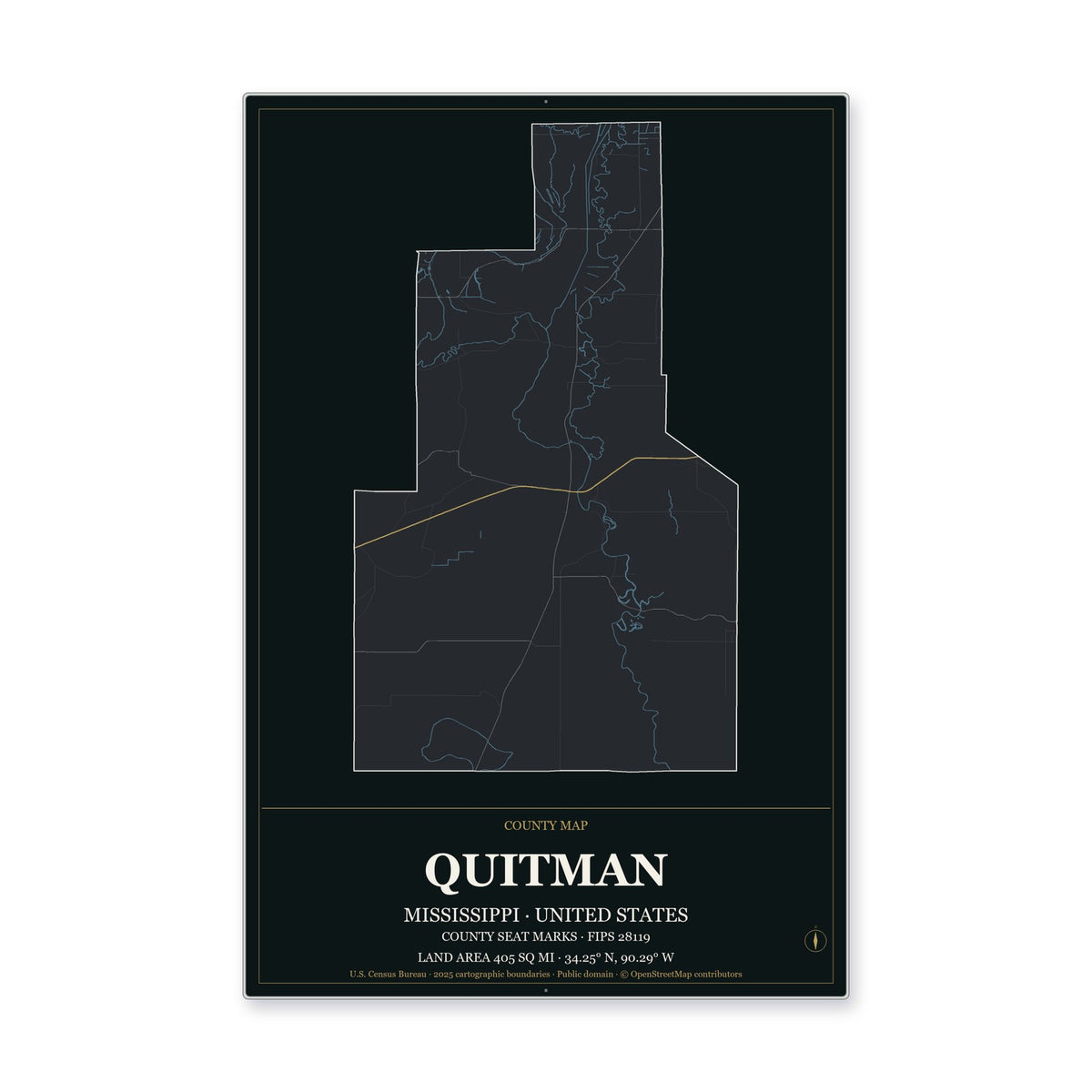 Quitman County, Mississippi Map Aluminum Sign in Metropolitan Noir style