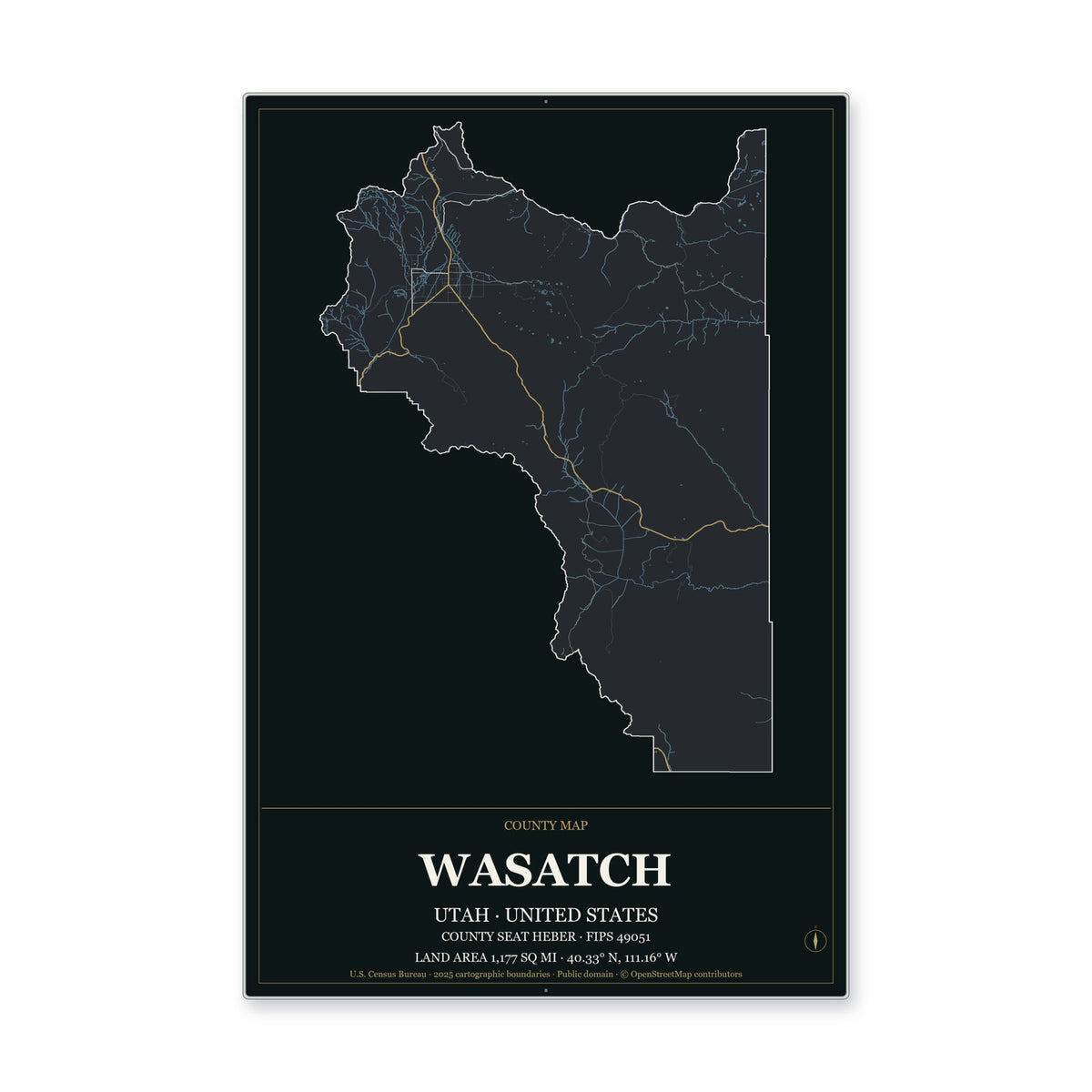 Wasatch County, Utah Map Aluminum Sign in Metropolitan Noir style
