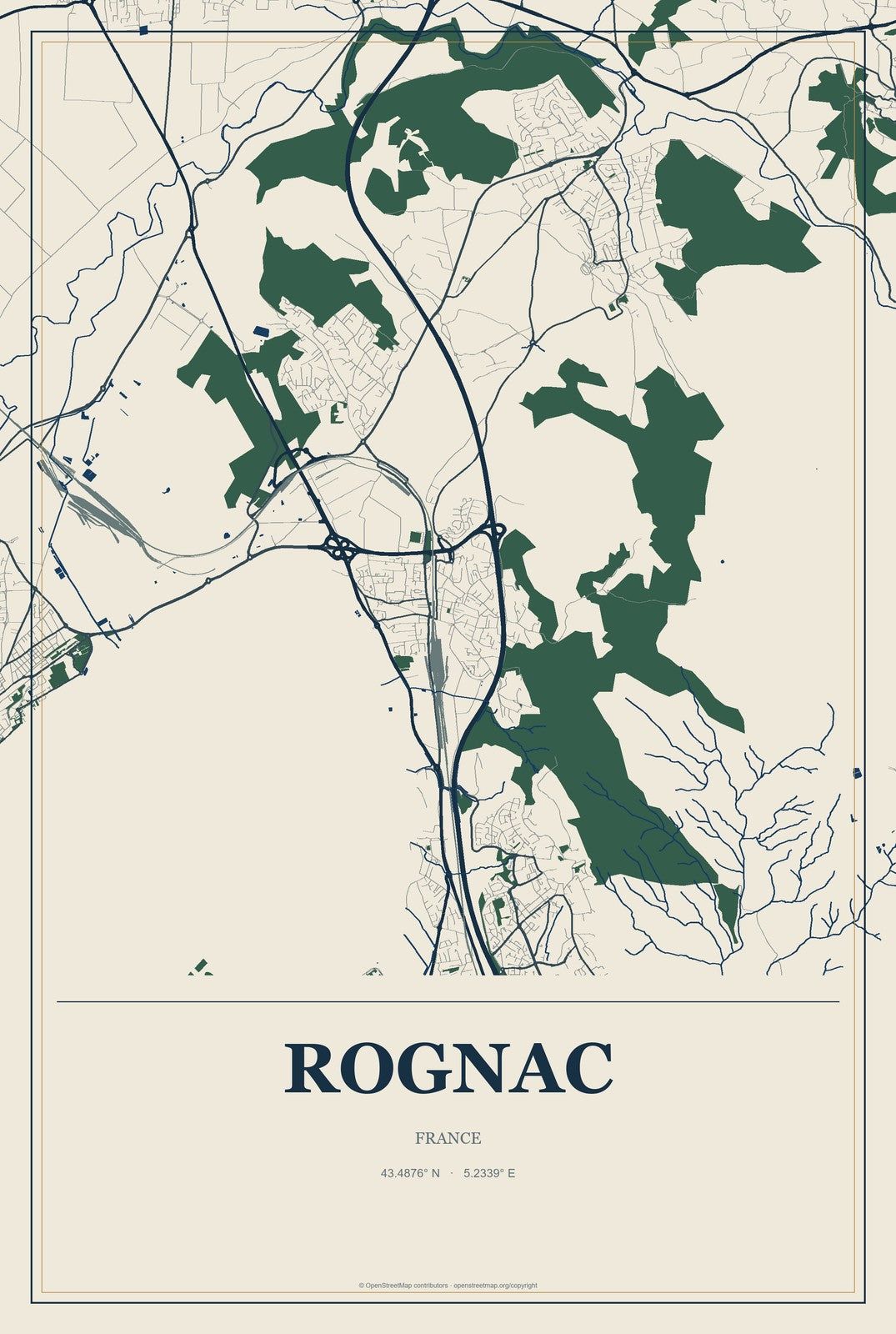 Rognac, France City Map Aluminum Sign in Coastal Cutout style