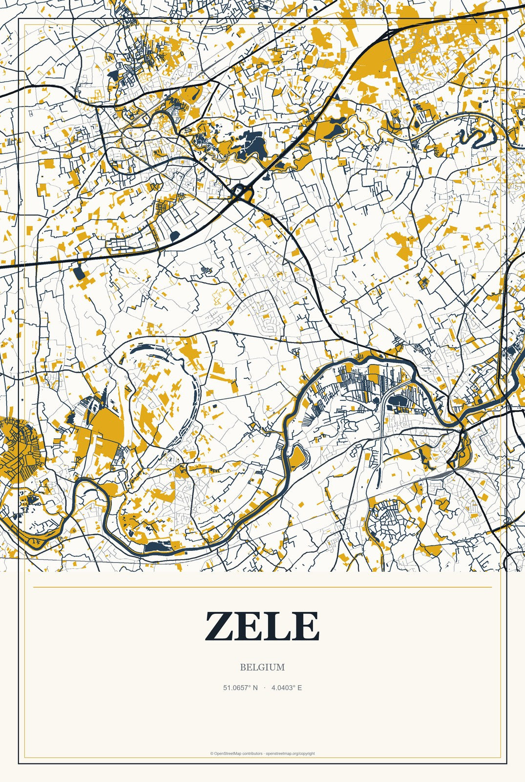 Zele, Belgium City Map Aluminum Sign in Citrine Modern style