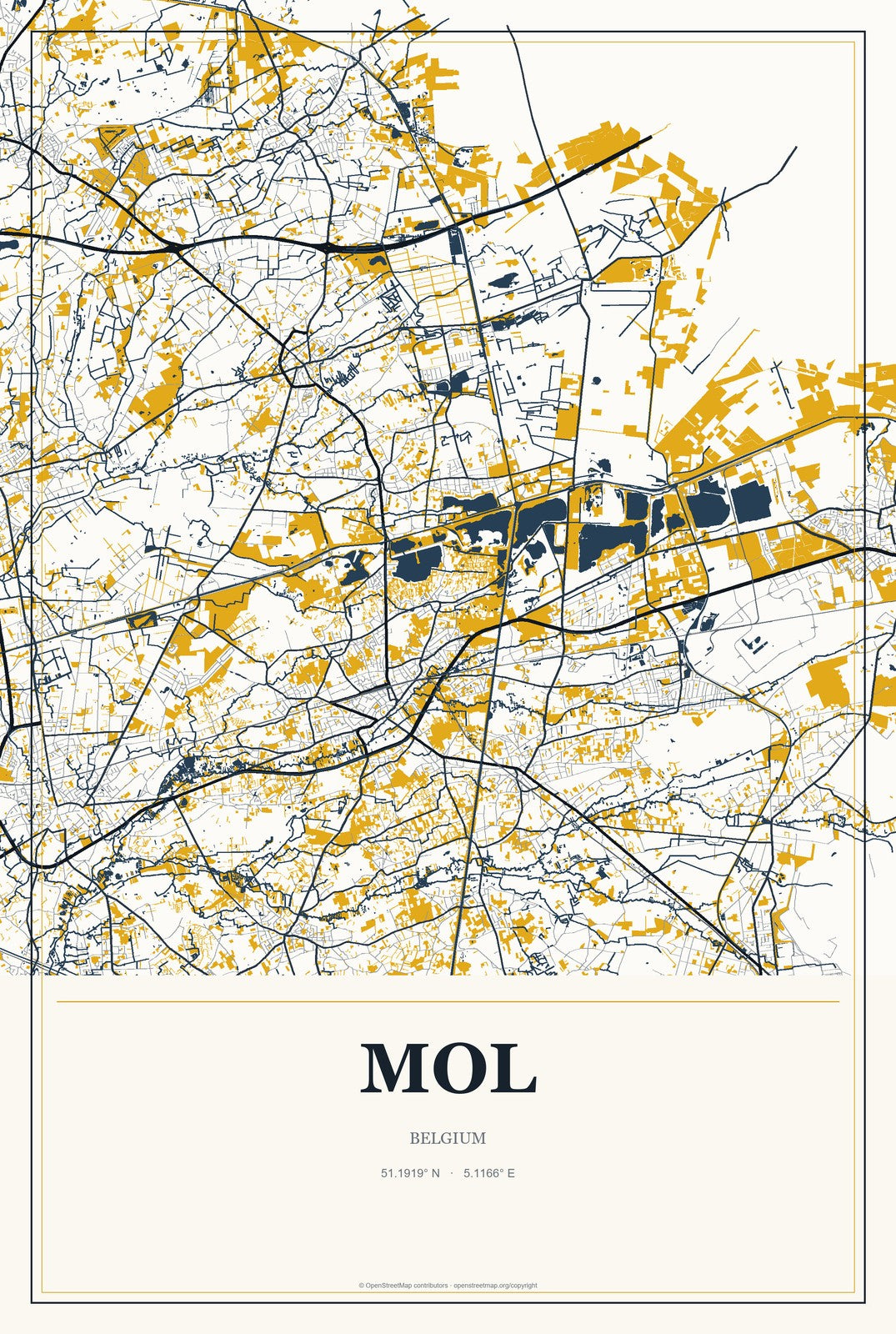 Mol, Belgium City Map Aluminum Sign in Citrine Modern style