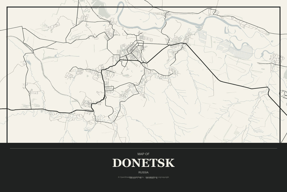 Donetsk, Russia City Map Aluminum Sign in Museum Plaque style