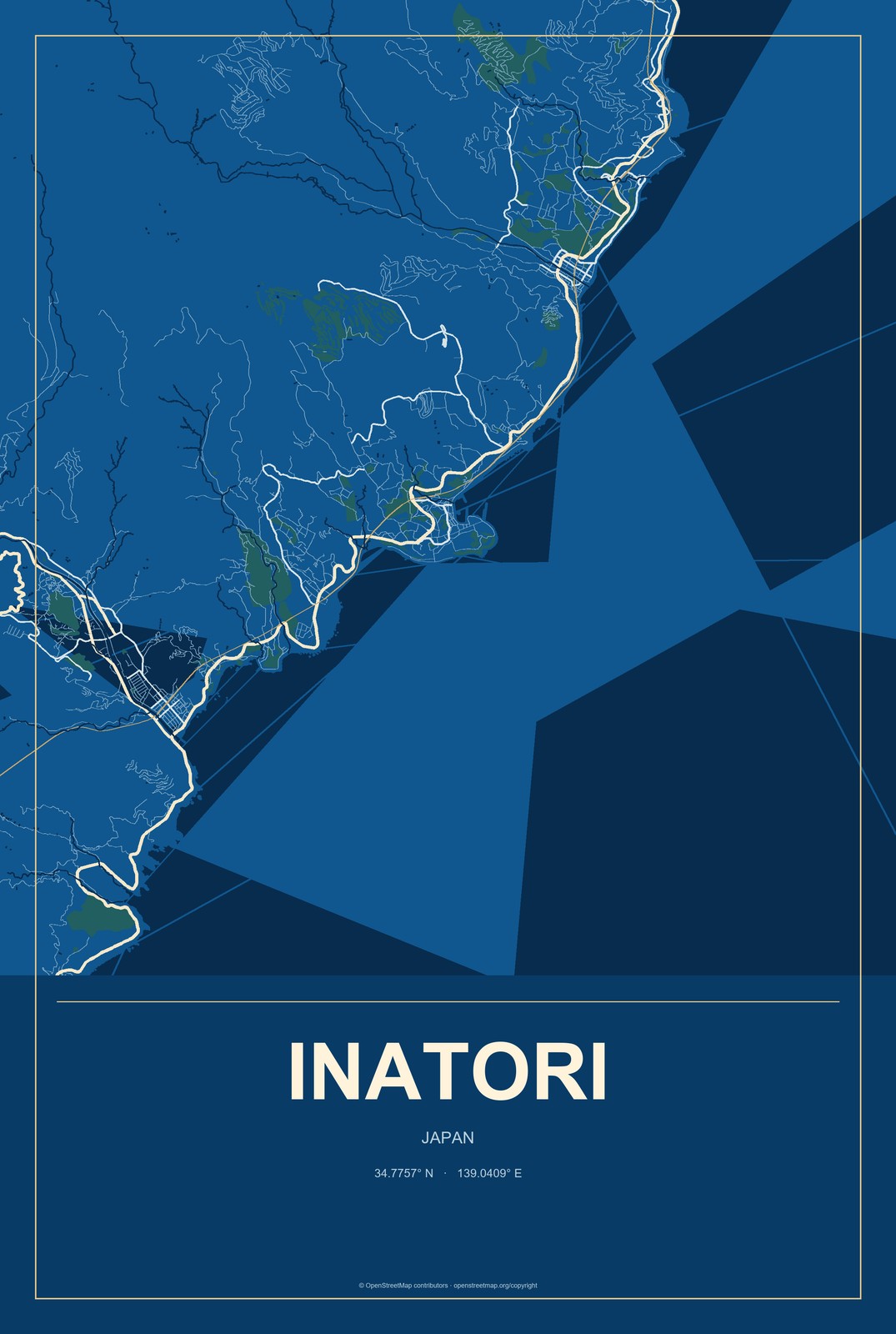 Inatori, Japan City Map Aluminum Sign in Harbor Cobalt style