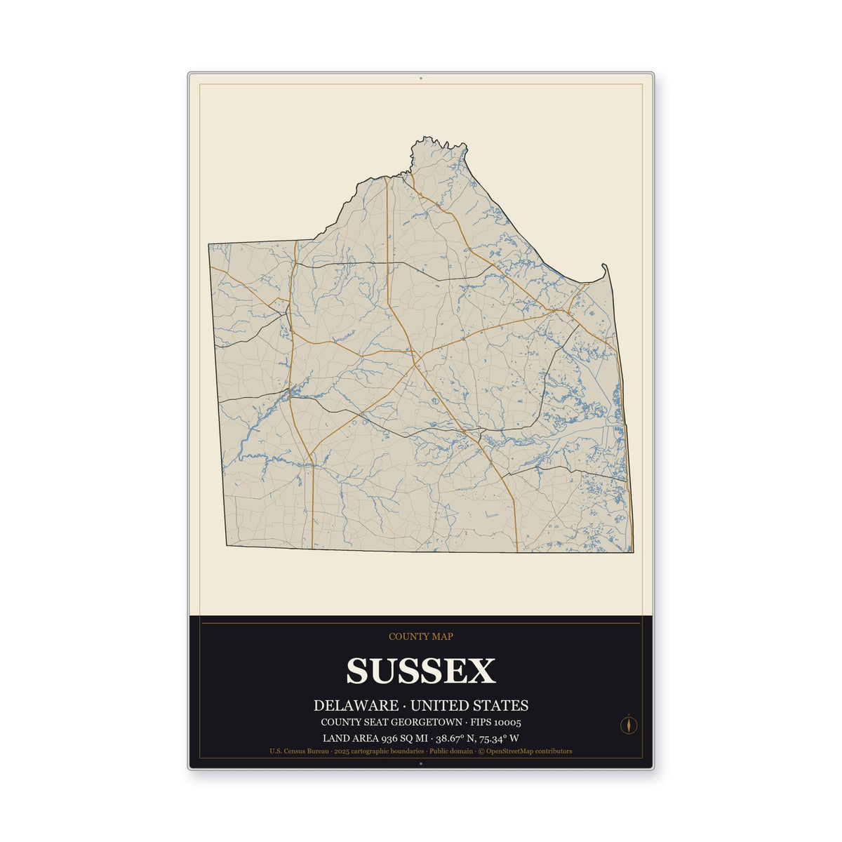 Sussex County, Delaware Map Aluminum Sign in Museum Plaque style
