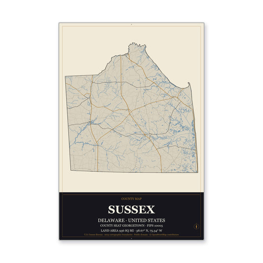 Sussex County, Delaware Map Aluminum Sign in Museum Plaque style