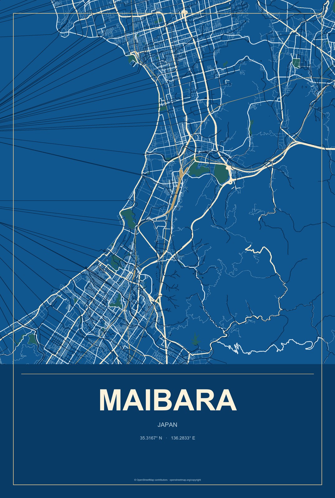 Maibara, Japan City Map Aluminum Sign in Harbor Cobalt style