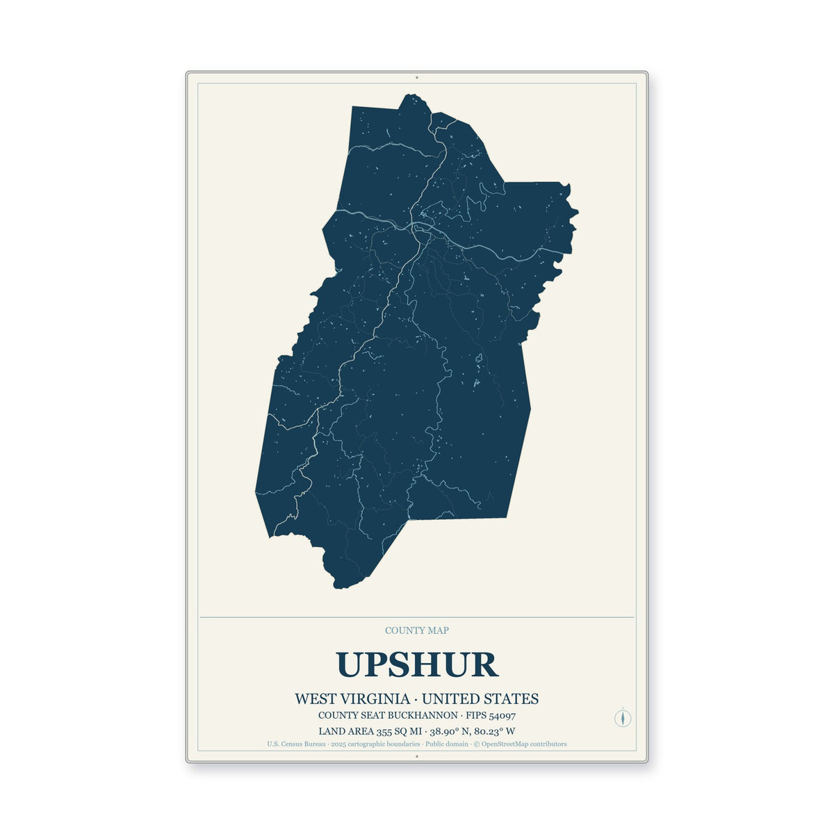 Upshur County, West Virginia Map Aluminum Sign in Coastal Cutout style